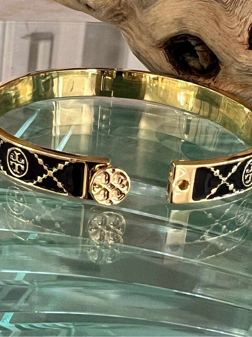 Tory Burch Black and Gold Logo Enamel Bangle